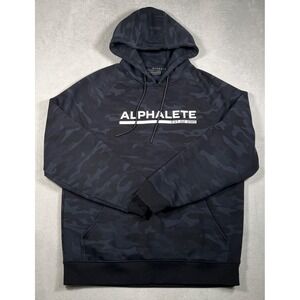 Alphalete Mens Medium Black Camo Fleece Hoodie Sweatshirt Rubberized Chest Logo
